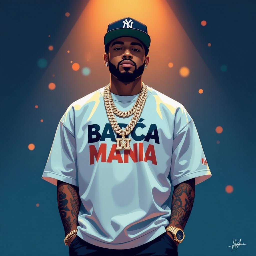 Rapper with Barça Mania Logo and Large Chain