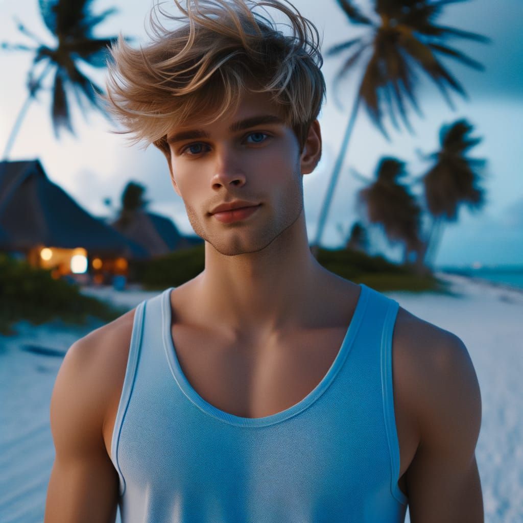 Youthful Figure on Azure Beach During Dusk in Impressionist ...