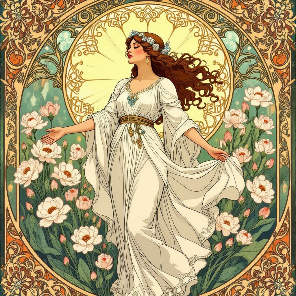 Radiant Woman in Floral Scene, Art Nouveau Style