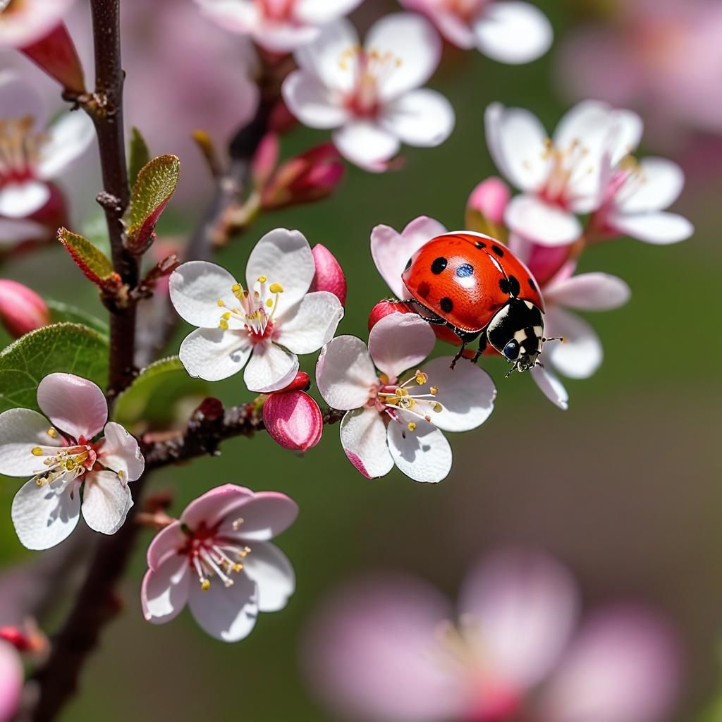 A medium size Coccinellidae lady bug at rest on a large apple tree  blossom   by @Fredericco