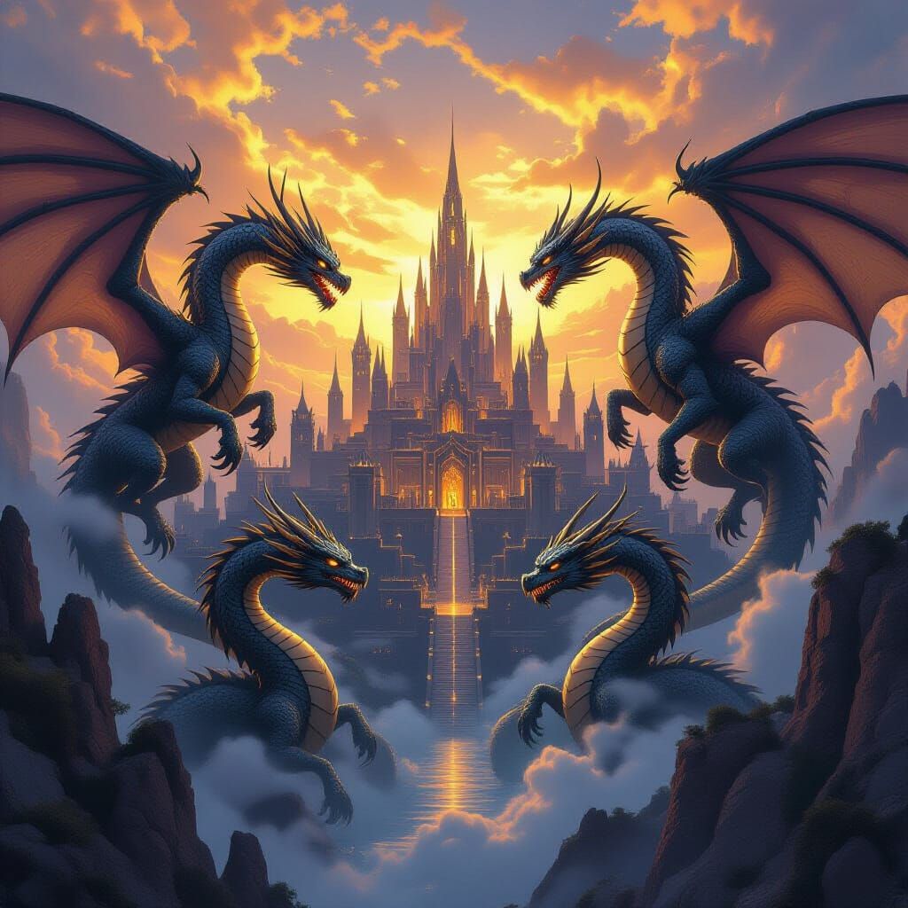 Five Ancient Dragons Besiege City in Dark Fantasy Art