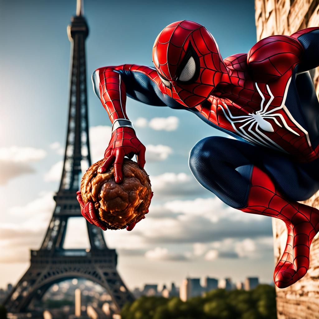 spider man punching a meatball bigger than the eiffel tower