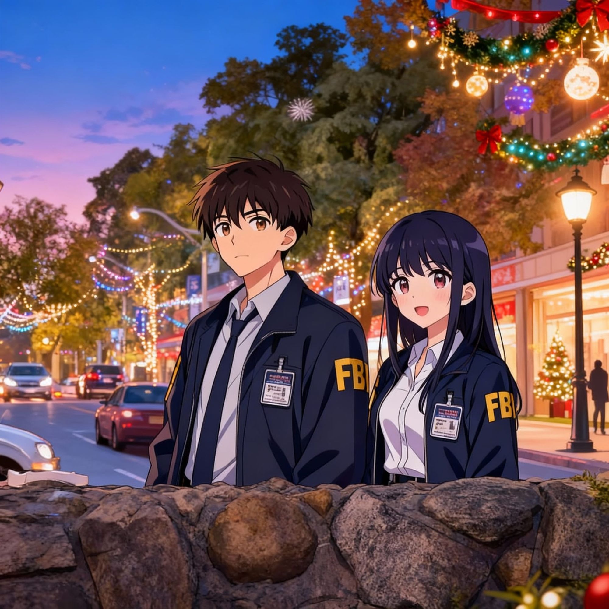 в стиле аниме персонажа мальчика и девочка с значком фбр в новогоднем стиле
