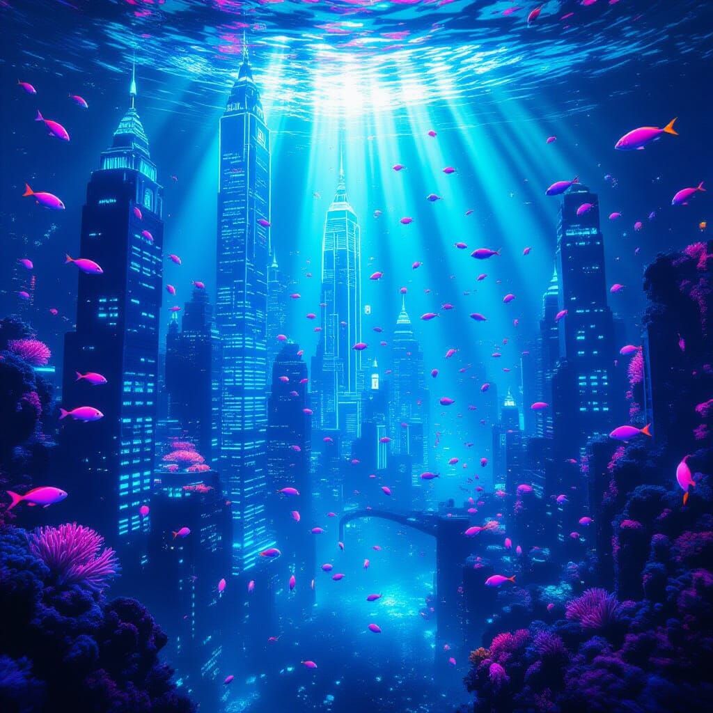 Surreal Underwater City with Glowing Coral Skyscrapers