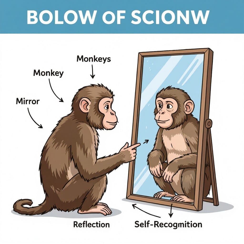 A biology-style scientific diagram illustrating a monkey looking at its reflection in a mirror. The artwork is clean, labeled, and education...