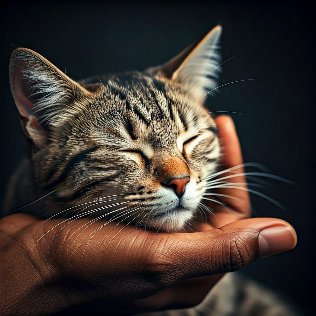 Cat Napping Peacefully in Person's Hand, Cinematic Quality