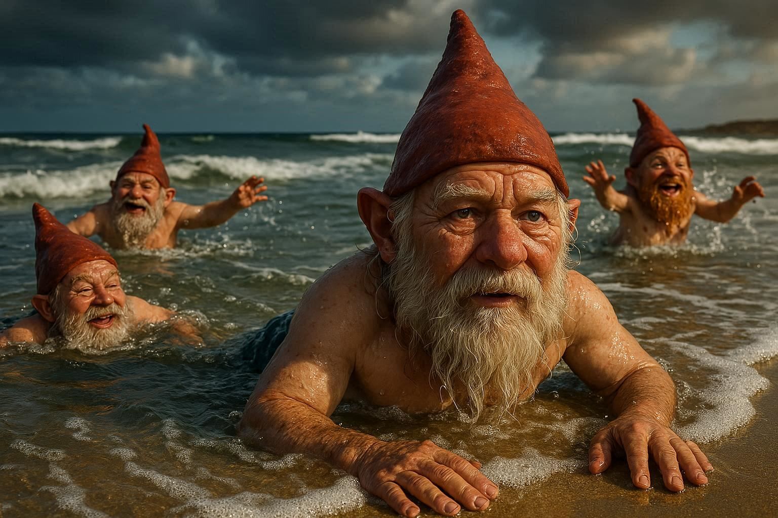 Gnomes swimming at the beach