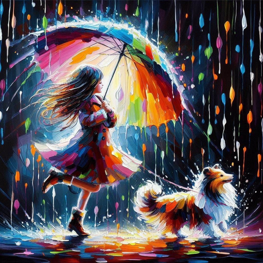 Little girl & her Sheltie in the the rain in Neon colors (2)
