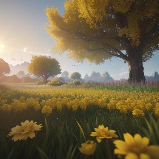 close-up of a rural garden with yellow flowers in golden hou...