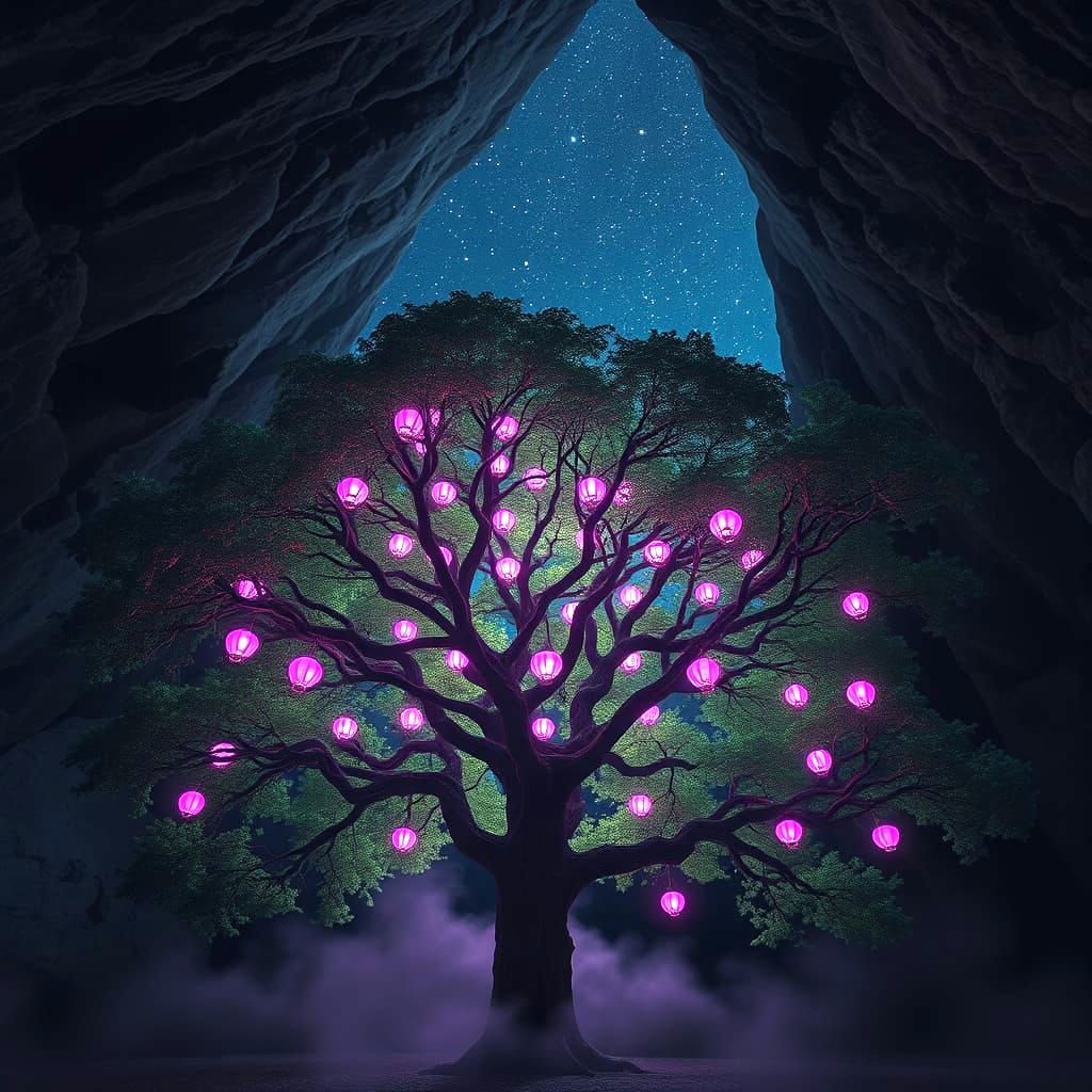 Majestic Tree Radiates Vibrant Orbs in Cave's Celestial Entr...