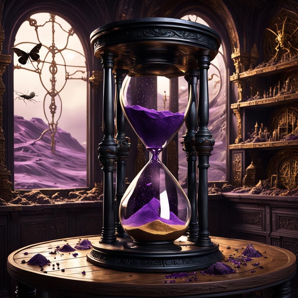 Giant Hourglass with Mechanical Insects in Dark Fantasy Art