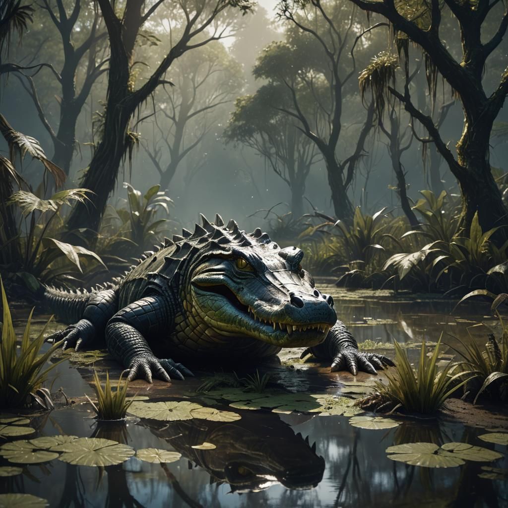 Female  humanoid alligator, emerging from a swamp