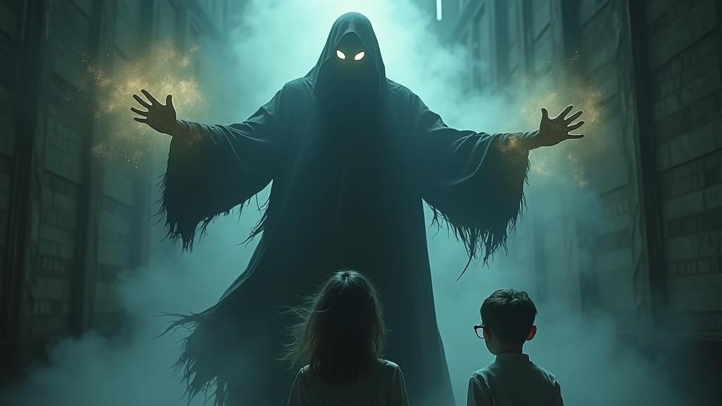 image of Professor Thorne, now otherworldly and menacing from another dimension wearing a shadowy robe, hovering above the ground.  ARRI ALE...