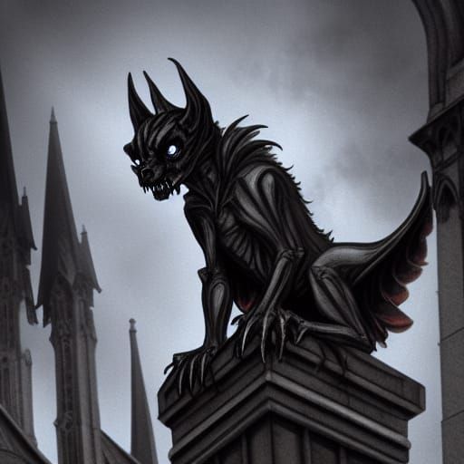 gargoyle with glowing eyes sitting on top of a Gothic cathedral, digital art , procreate