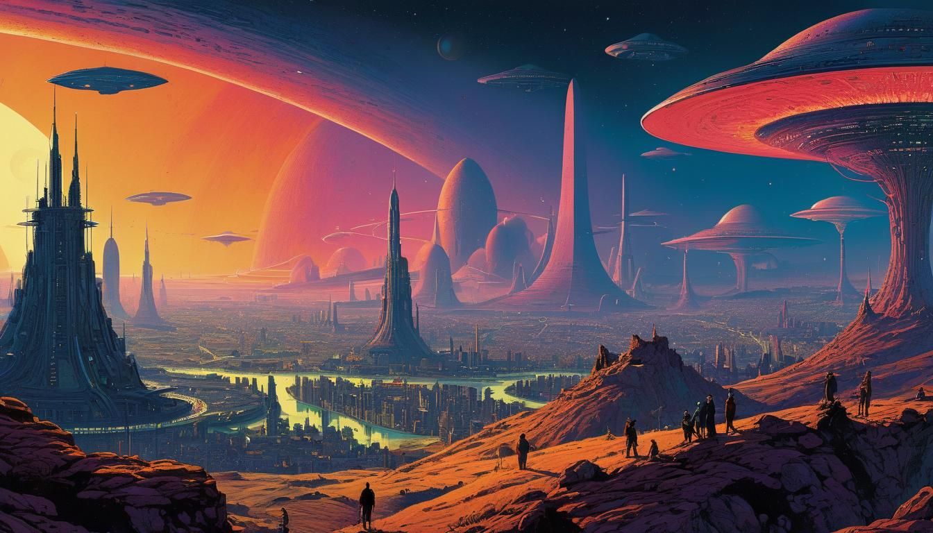 UFO alien invasion over a city, Jean Giraud Moebius Style Illustration+ aliens, Saturated Colors+Psychedelic+Surreal+Mythic+Epic+Large Propo...