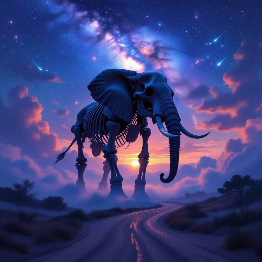 Colossal Elephant Skeleton in Ethereal Nebula Landscape