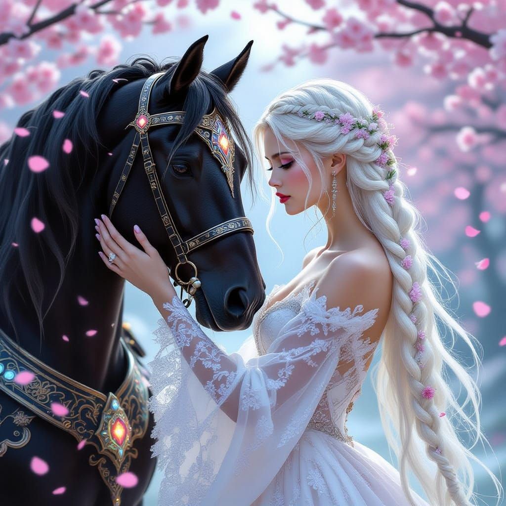 Majestic Fantasy Portrait with Cherry Blossoms and Iridescen...