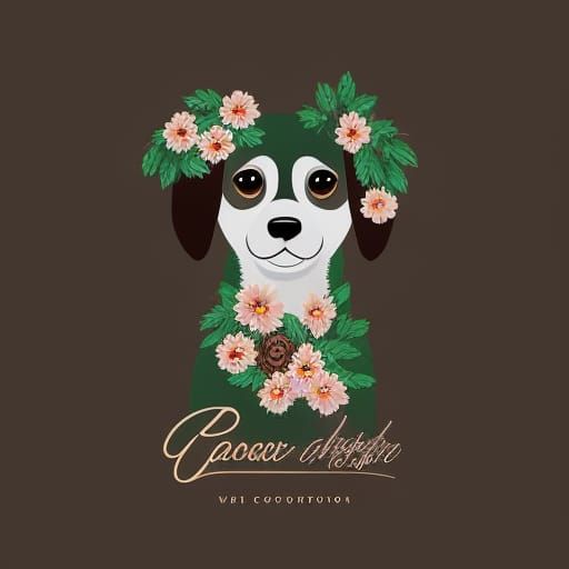 Cute cartoon beautiful brown dog face with flowers, vintage ...