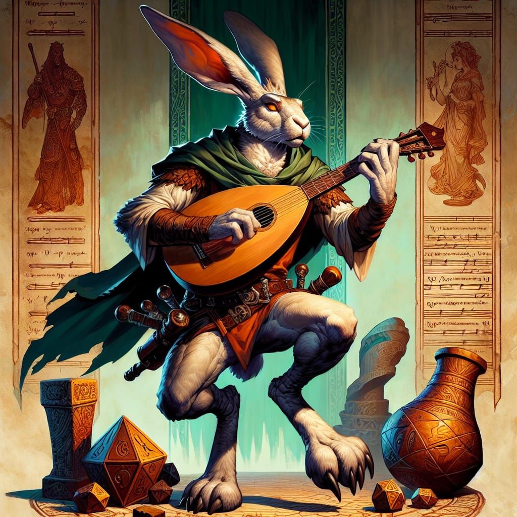 Bard harengon playing a lute.