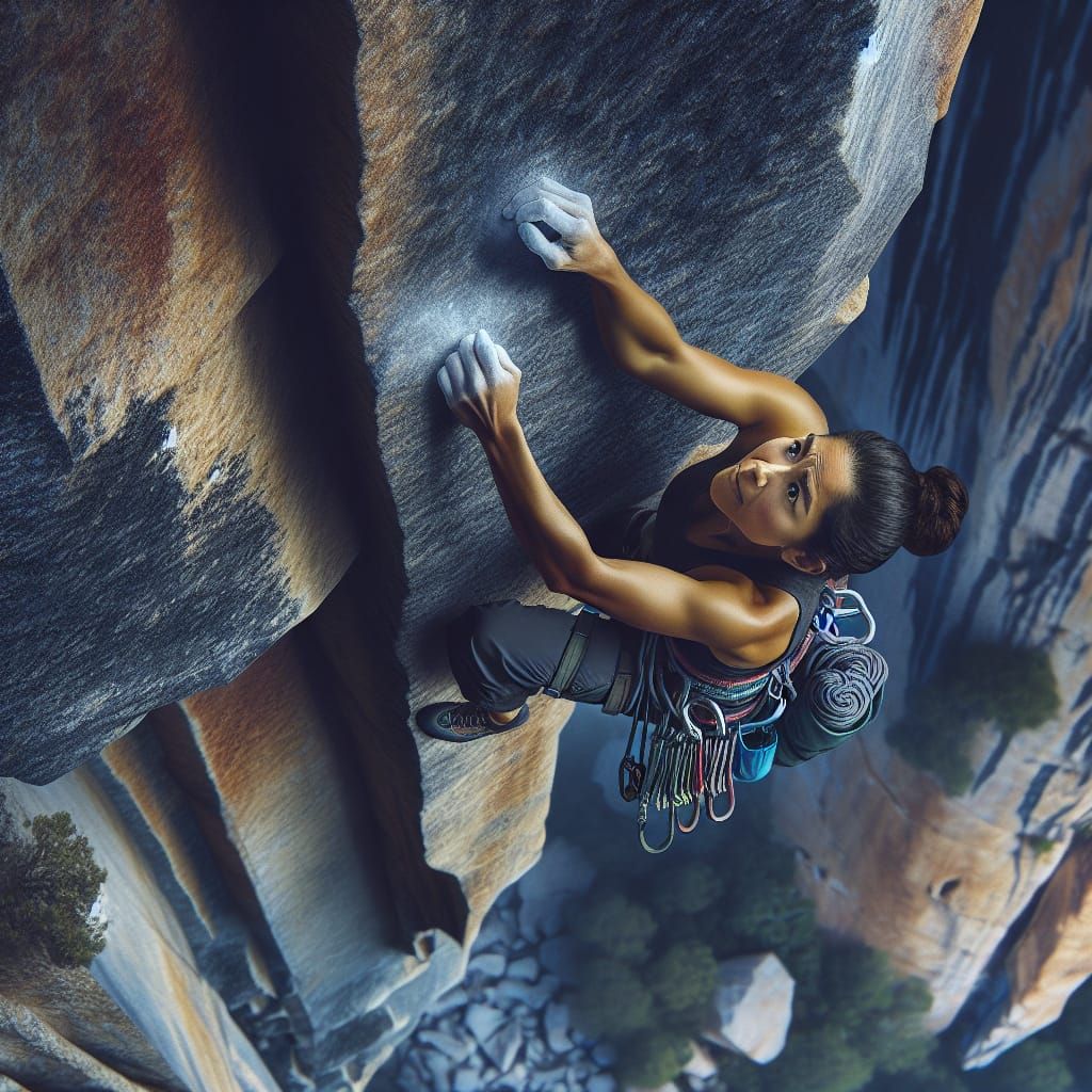 Craft a hyper-realistic image of a woman rock climbing, captured from a top-down perspective that accentuates the dizzying height and her ar...