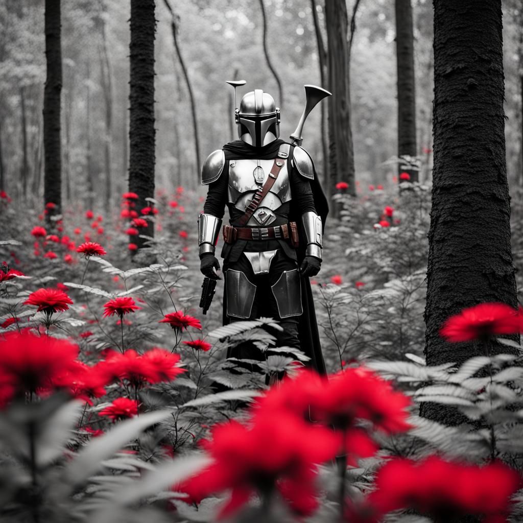 Mandalorian standing solo in an alien woodland   by @Gettafix
