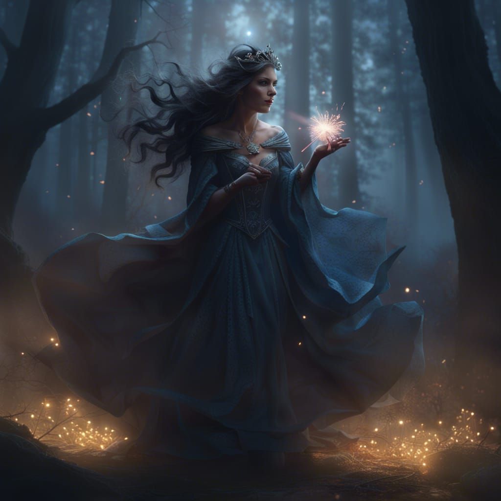 brunette wavy-haired princess casts a spell in the shadows o...