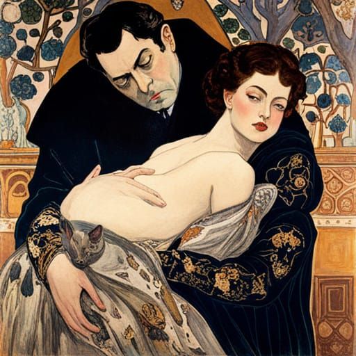 Noble and beautiful vampire lord with two cats, mouse and he...