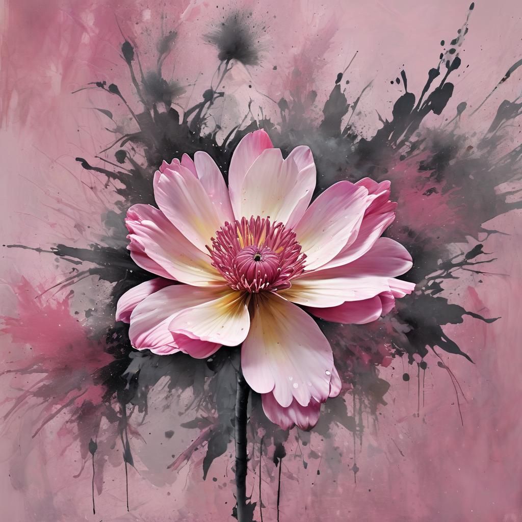 Magnificent flower in pink action painting wet wash crepuscule post-apocalyptic photoillustration  by @Lyndsey