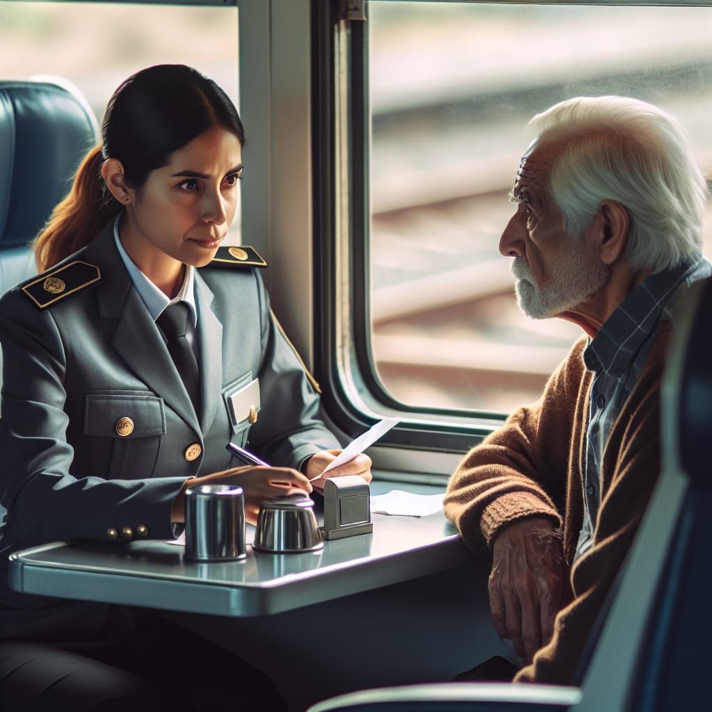 a serious female ticket checker asking an old poor man sitting alone on a train compartment,  Professional photography, ...