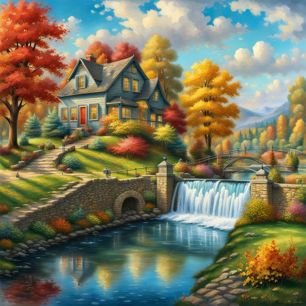 green lawn in landscape with yellow trees