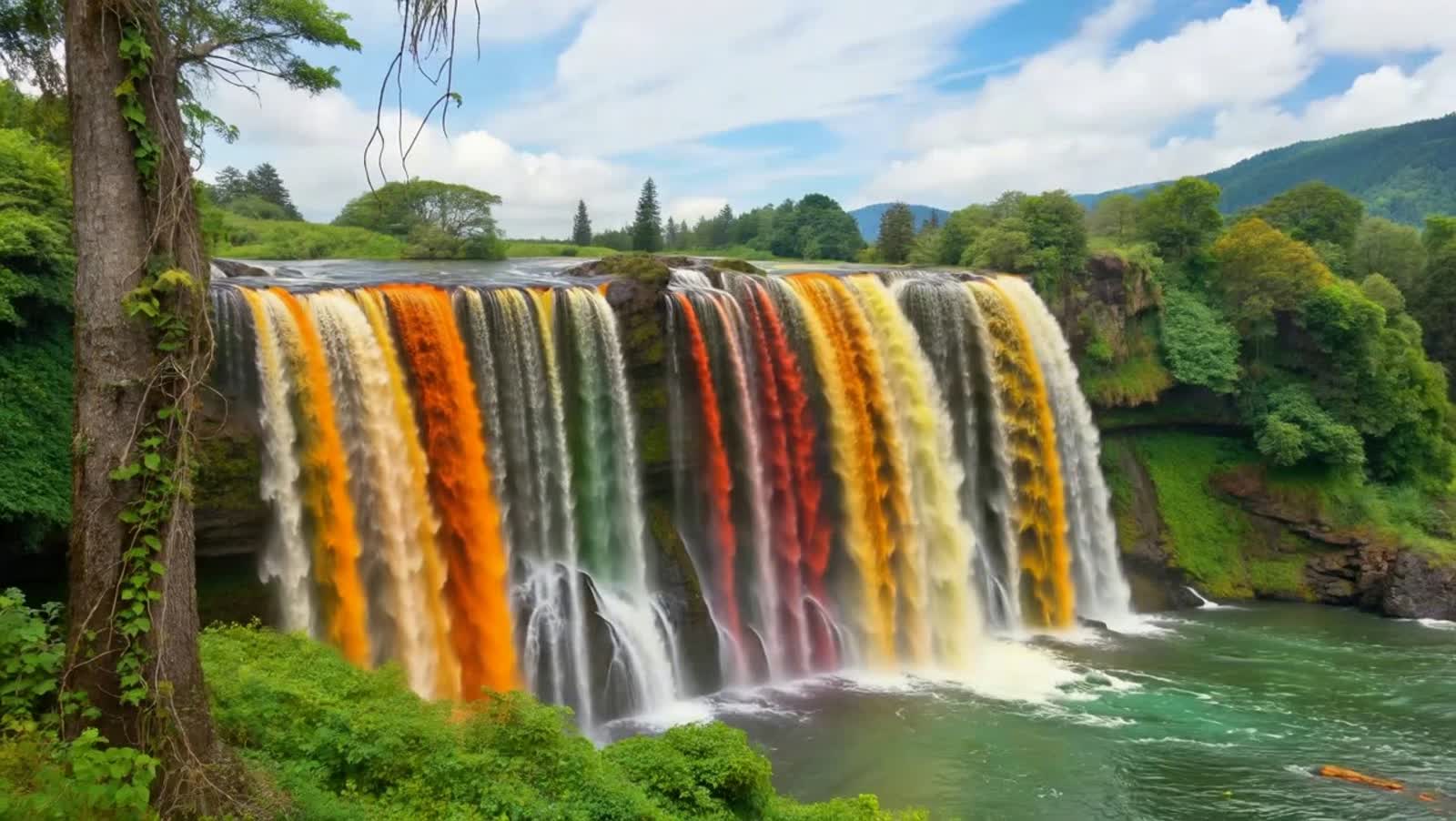 A grand waterfall whose water is orange, red, and yellow, rushing down the mountianside