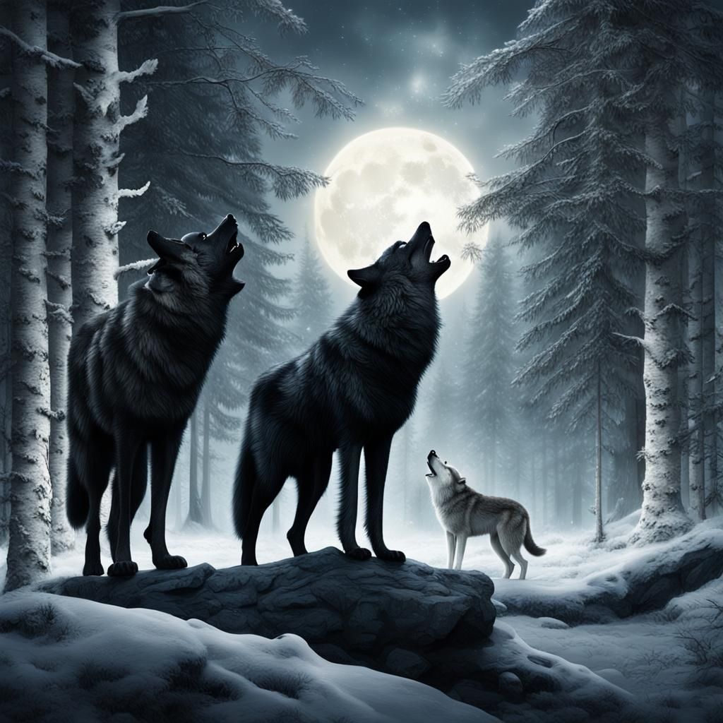 Wolves in Forest at Night: Moody Digital Painting
