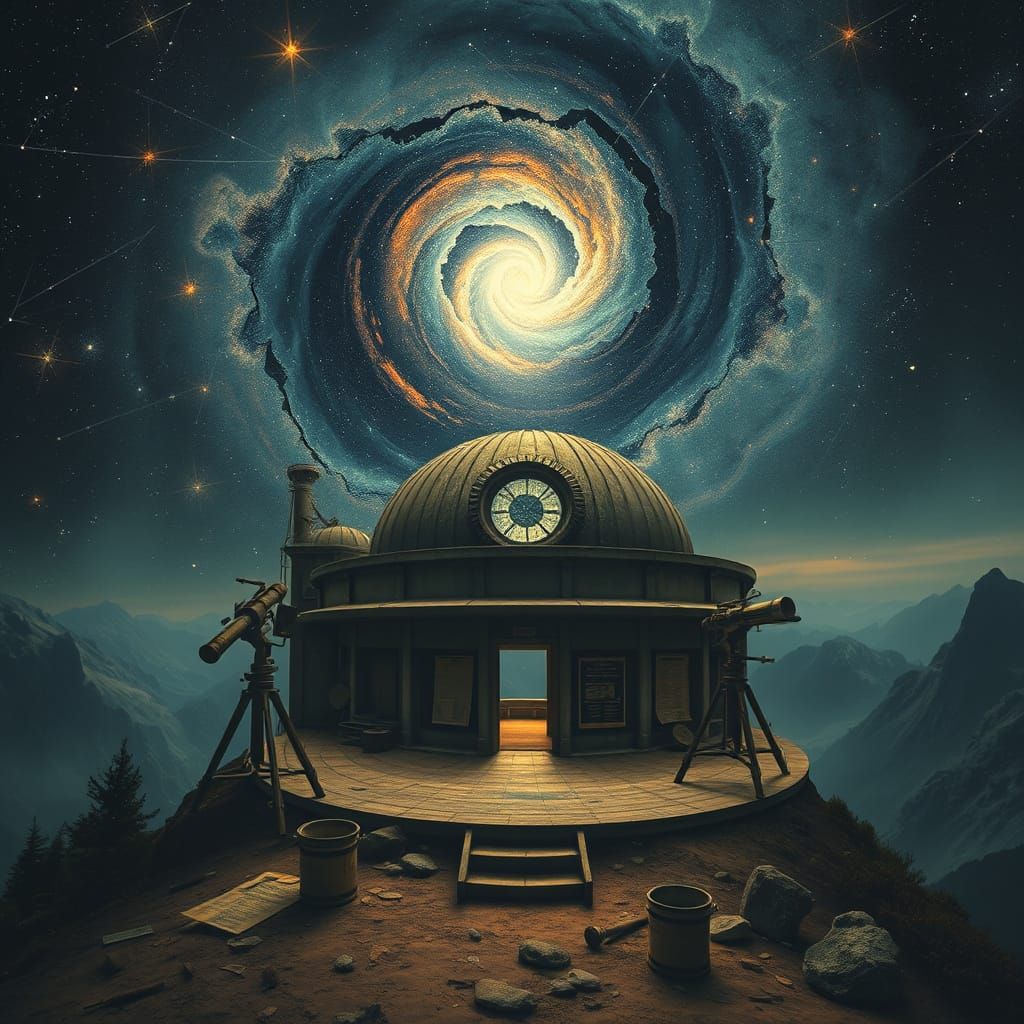 An abandoned celestial observatory on a mountaintop, its domed roof cracked open to reveal a swirling galaxy. Ancient telescopes are pointed...