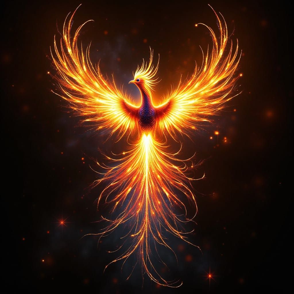 <lora:Glow:1.0> phoenix meticulously crafted from swirling fireworks, suspended in a deep, velvety black background, reminiscent of a starry...