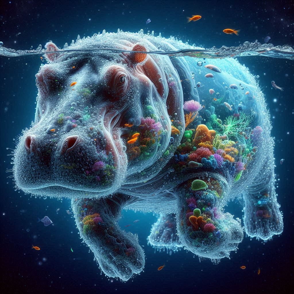 Translucent Hippo with fish and Coral  by @Fiona Etkin 1974 