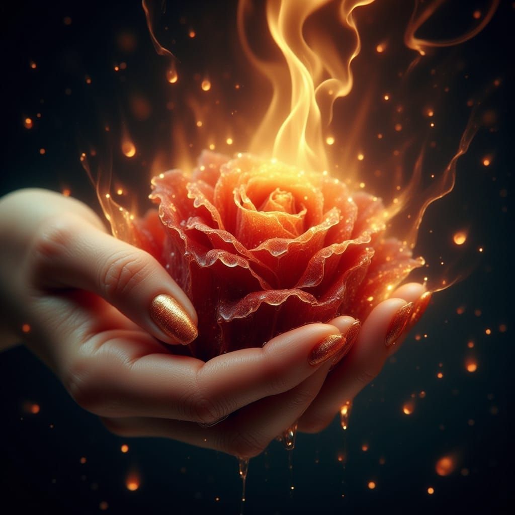 Hand Cradling a Flaming Rose with Ethereal Lighting