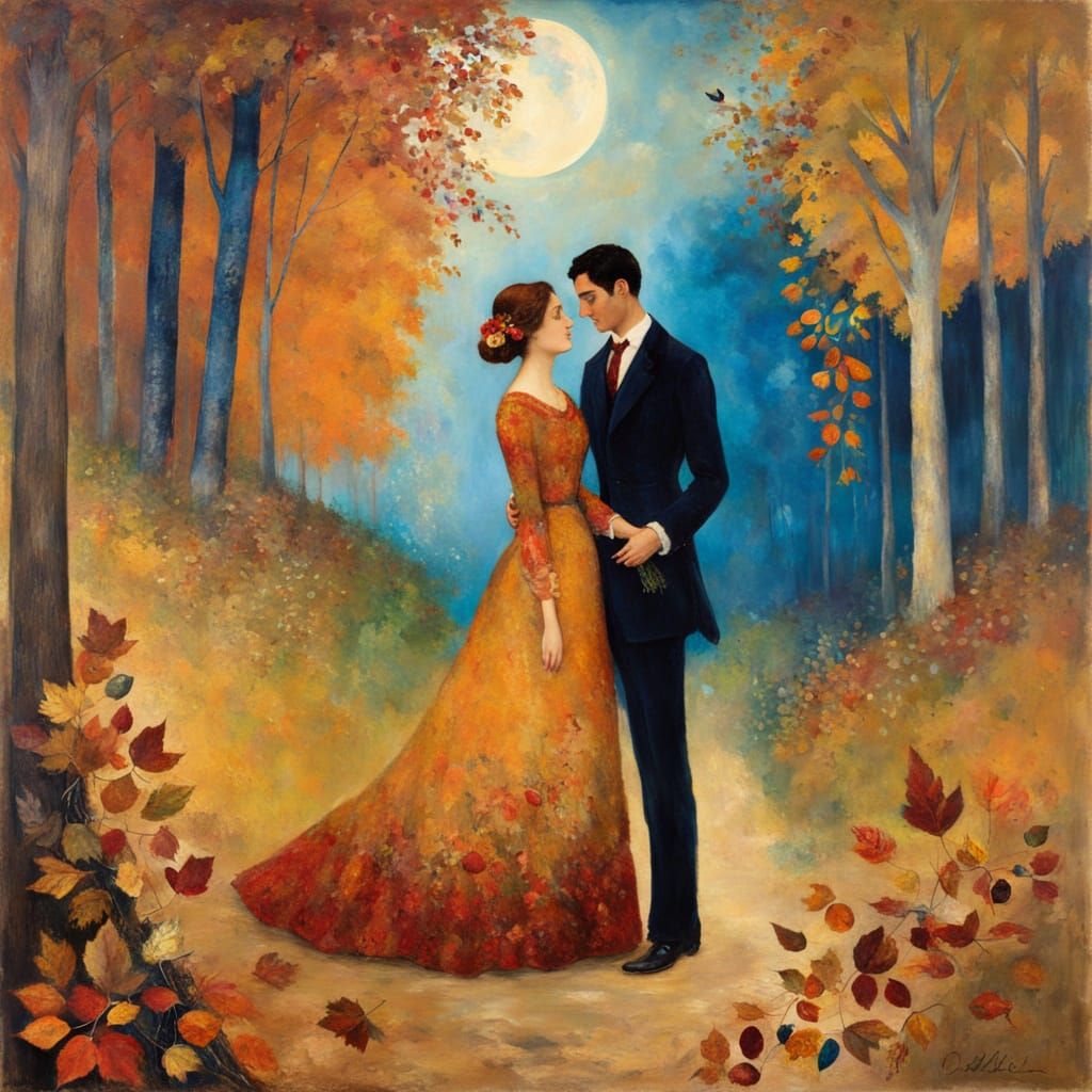 Date night. A beautiful woman in dress made of autumn leaves.  by @Meredith Ellen Skye