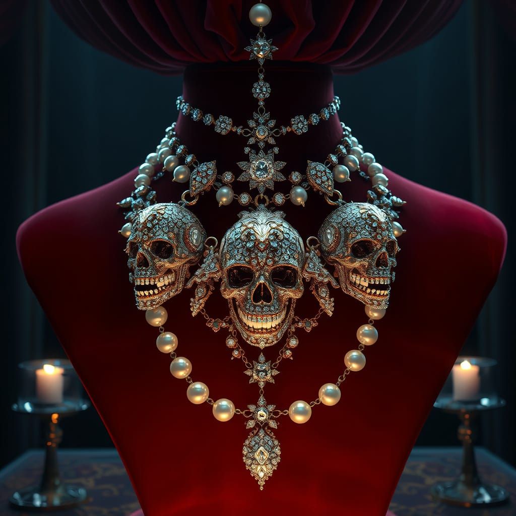 A necklace full of diamonds grinded to skulls mixed with pearls hanging on a stand Epic cinematic brilliant ...  by @MackanEnskede
