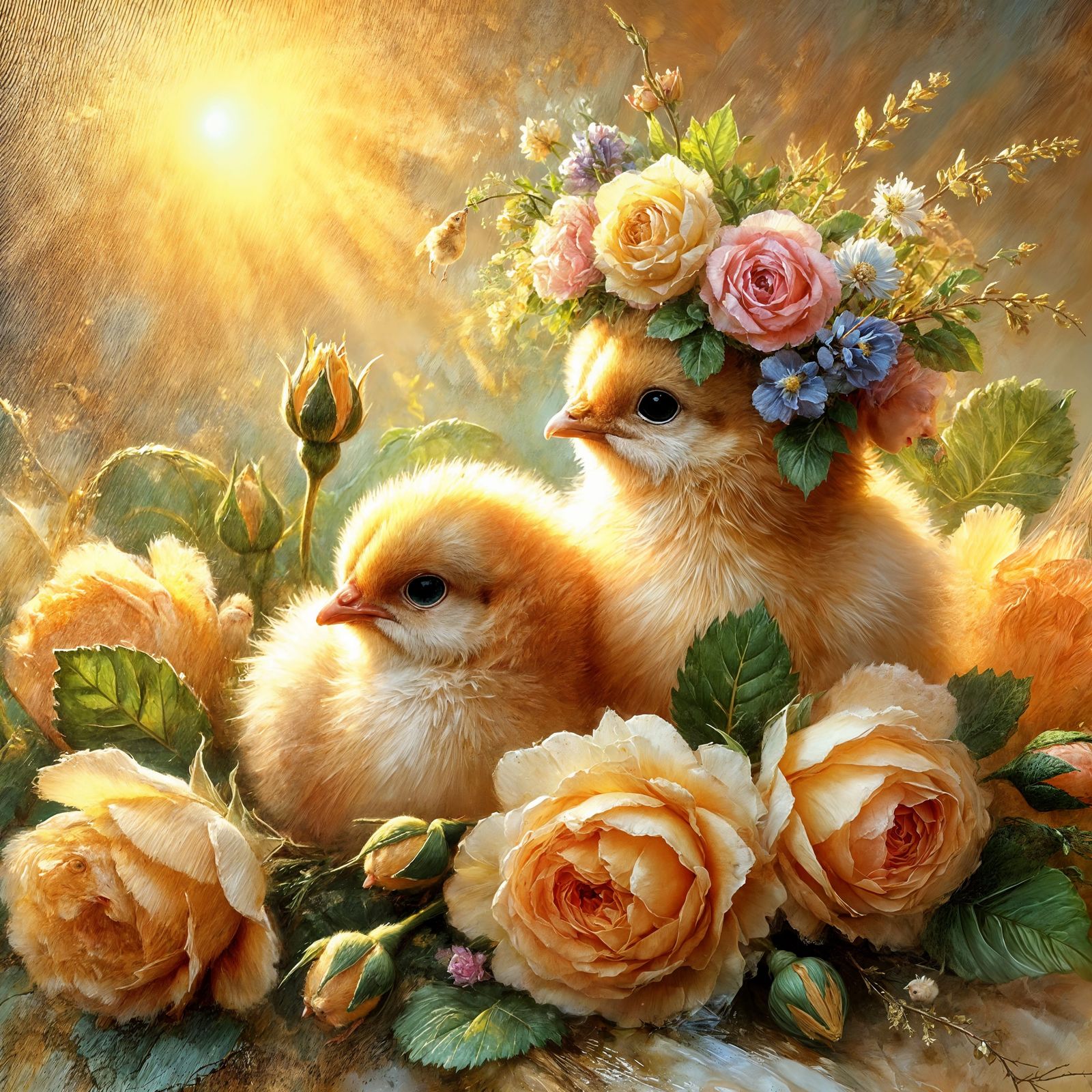 baby chicks nestled among golden roses