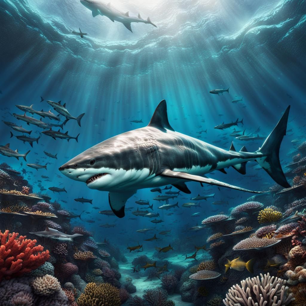 Coral reef with massive great white shark  by @Chamelios