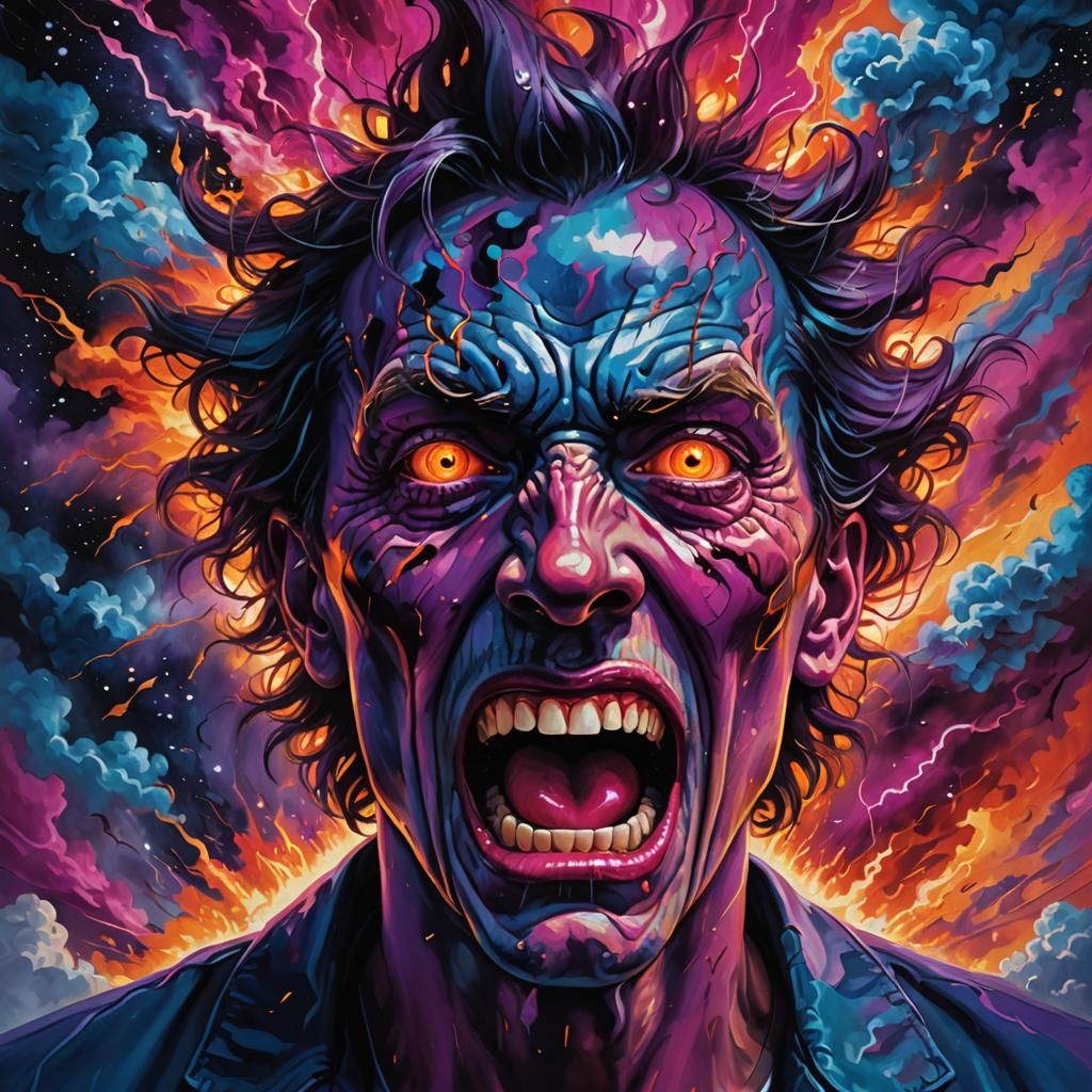 A human face, distorted in a raw, anguished scream, eyes bul...