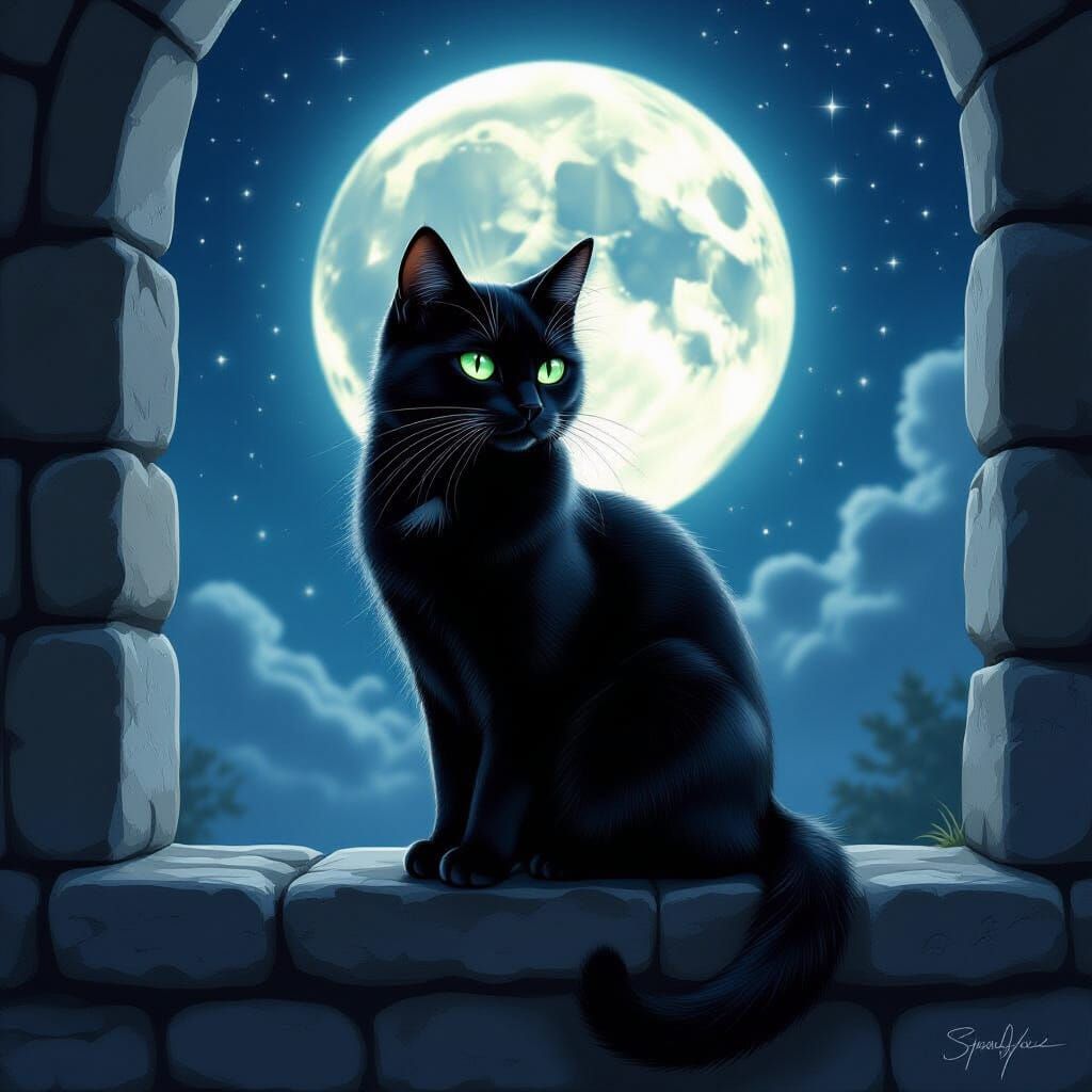un très beau chat noir aux yeux verts au clair de lune  by @lola besferder