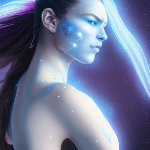 She has long dark purple hair pulled back into a ponytail, h...