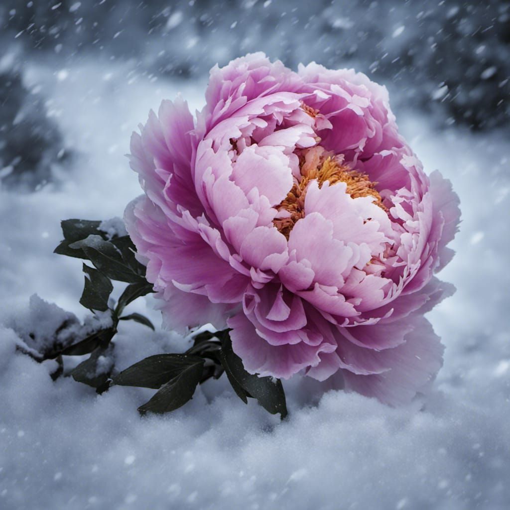 A large, pretty, peony flower, in the frozen snow, winter moonlight