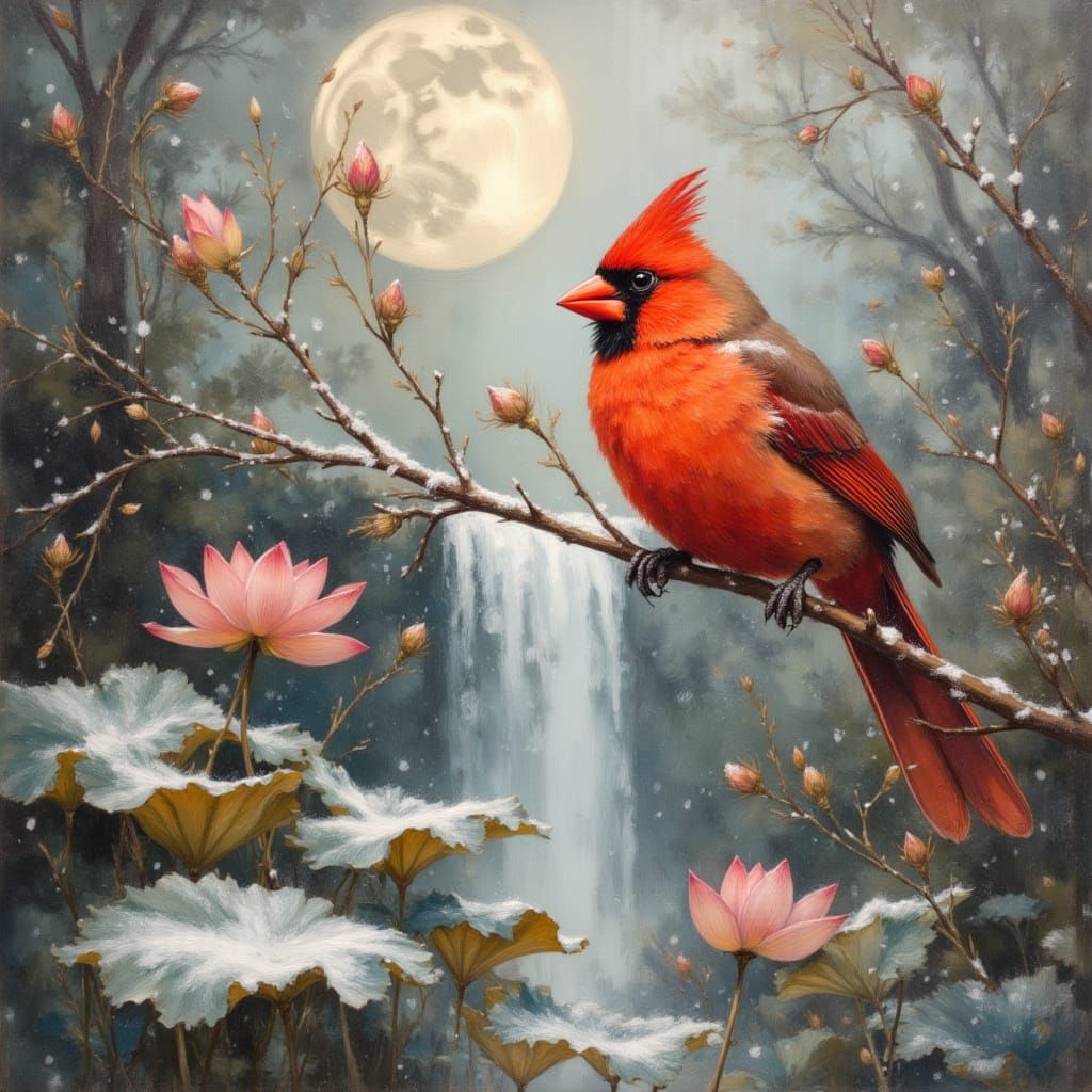 Red Cardinal in Snowfall with Lotus Flowers
