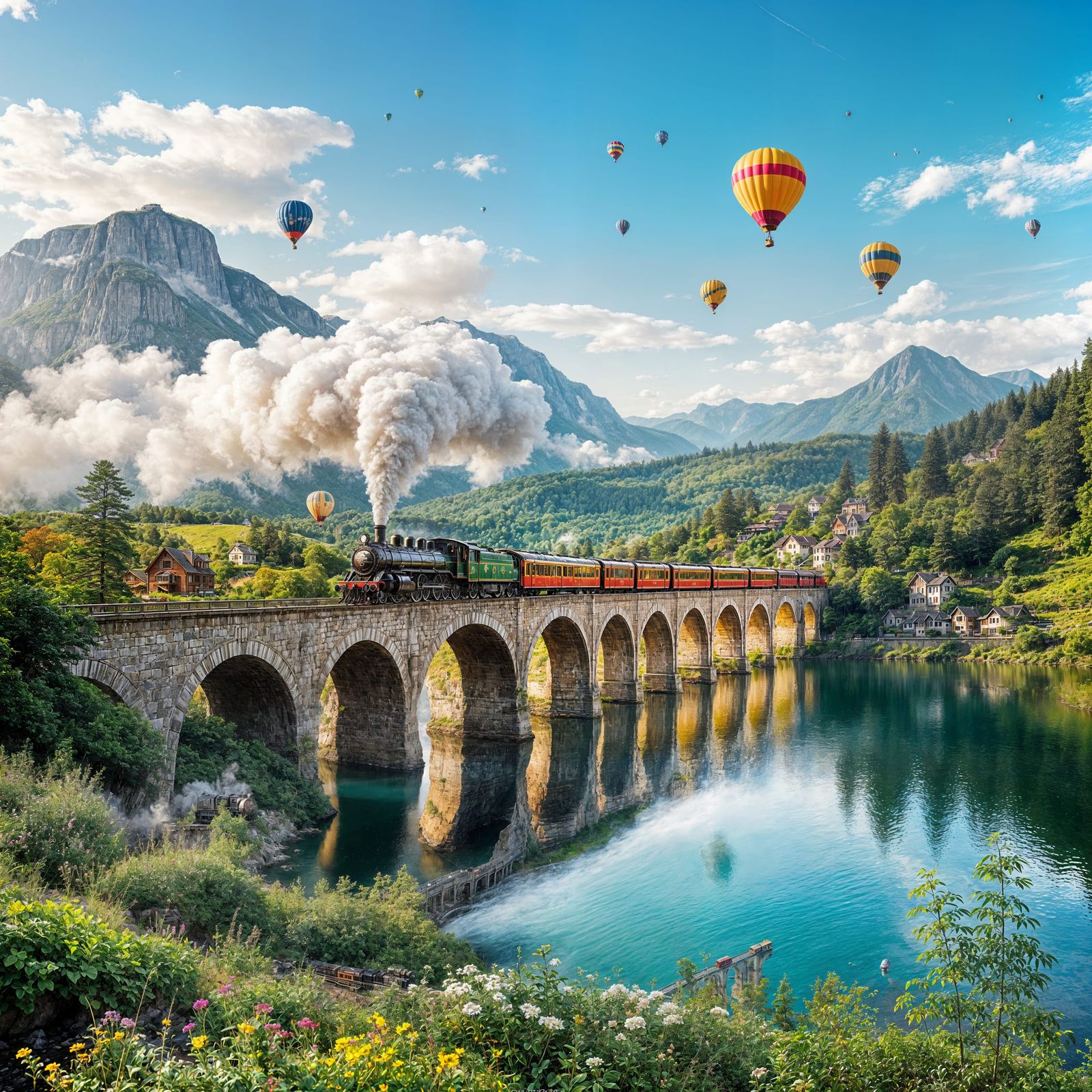 Vintage Train Races Across Stone Bridge