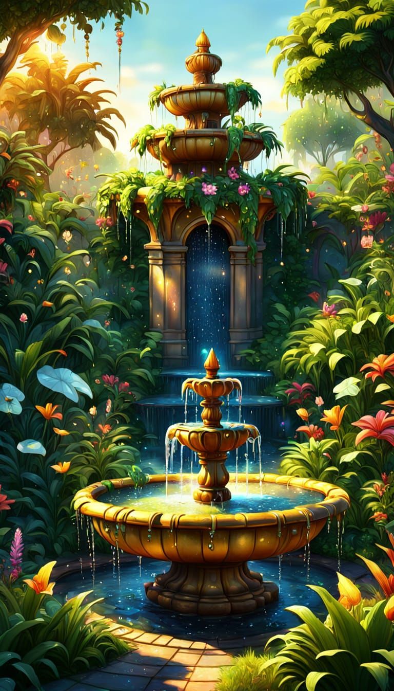 A bright fun image playful cartoon image of a Fountains in a fantasy garden beautiful masterpiece image ...  by @Mthatha CHUMA 