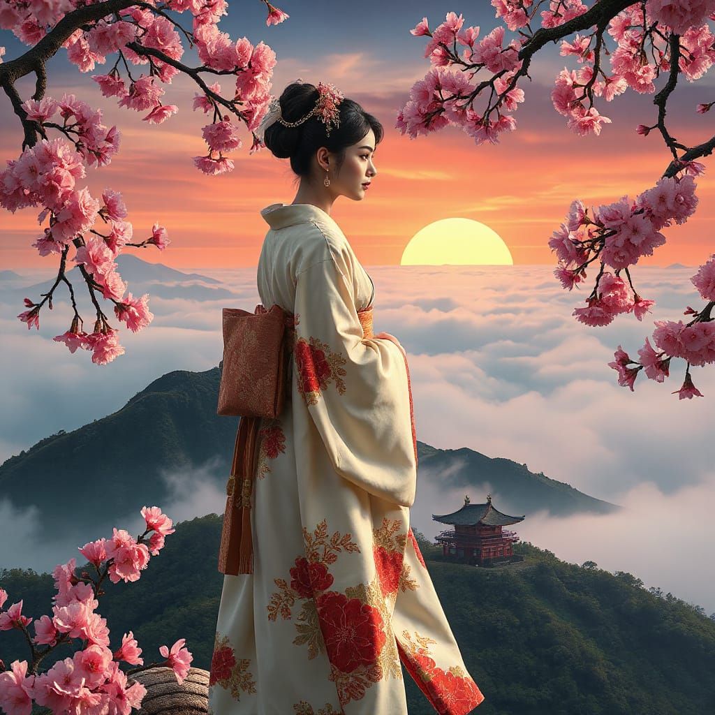 Woman in Kimono on Misty Peak, Alphonse Mucha Style