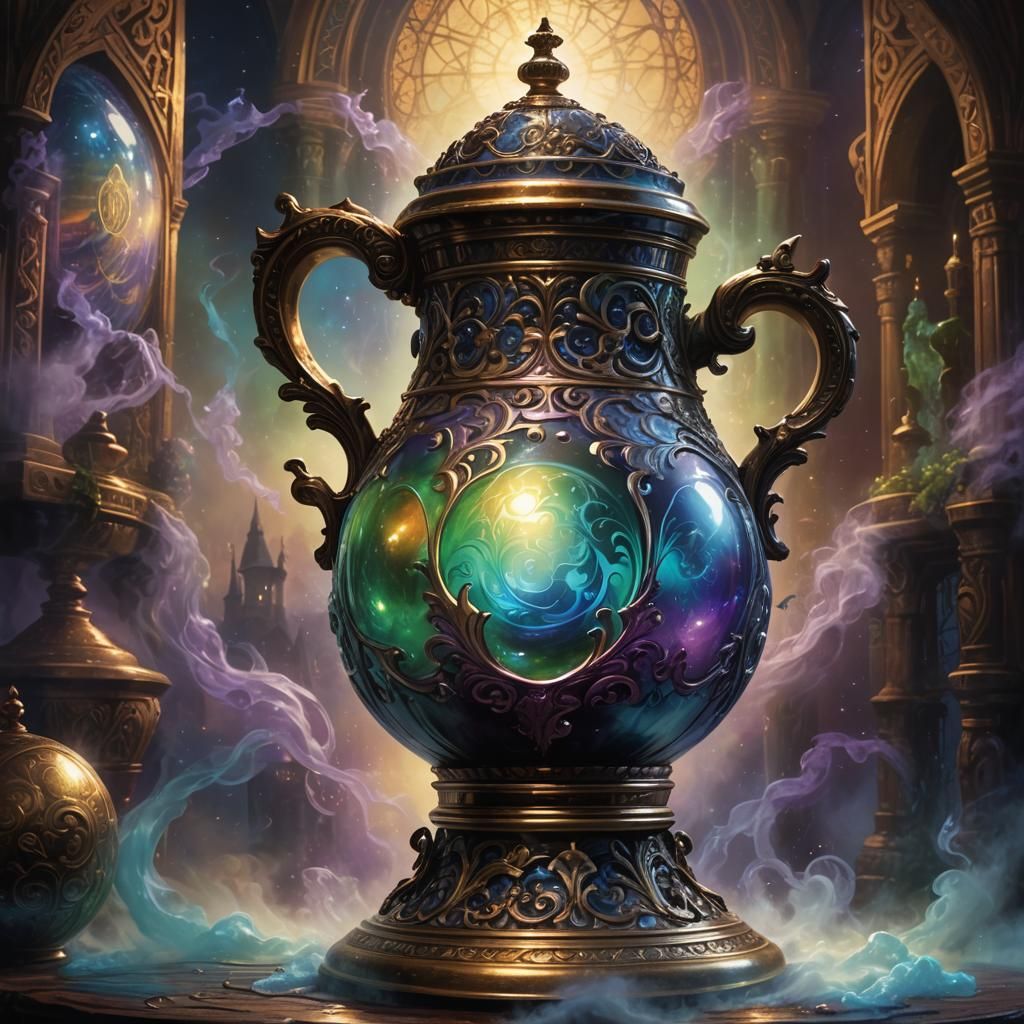 A luminous, iridescent orb pulsating with vibrant blues, purples, and greens, hovering atop a gothic tankard