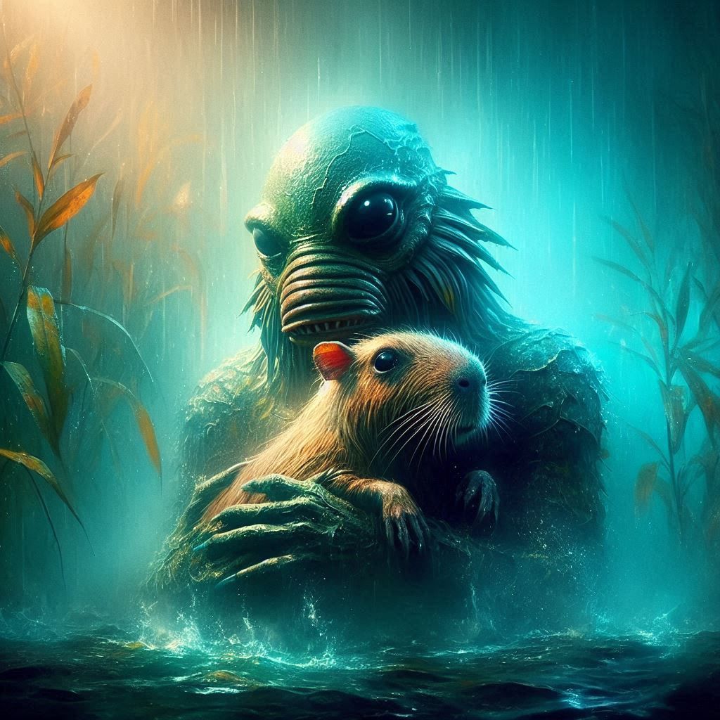 Creature from the Black Lagoon hugging his emotional support capybara